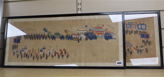 Chinese School c.1910, pair of gouache on silk, Study of a procession, 25 x 64cm